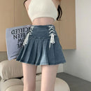 Denim Pleated Skirts Women Cute Lace-up Chic Girlish Summer Mini Skirt Korean Style Fashion Sexy High Waist Streetwear College