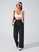 Casual High Waist Wide Leg Pants Women Summer Black Fitness Running Yoga Sport Trousers Straight Jogger Leggings
