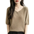 Women's V-Neck Tops 100% Merino Wool Spring Fall Winter First-Line Ready to Wear Seamless New Knit T Shirt Short Sleeve Sweater