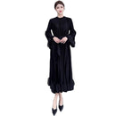 Miyake Pleated Dress Women's 2025 New High-end Solid Color Round Neck Bell Sleeves Ruffled Waist Design Elegant Pleated Skirt
