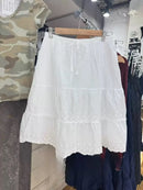 Floral Embroidery Lace Trim Midi Skirt Women White Waist Lace-up Ruffle A-line Faldas Sweet Casual Preppy Style Short Skirts