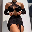 Vestido Feminino Sexy com Bordado Floral em Renda e Mesh Transparente - Halter Costas Abertas