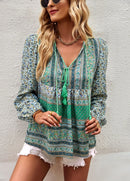 Boho lnspired Pink Floral Blouse Women V-neck Tassel Long Sleeve Bohemian Women Tops New Summer Fashion  Blouse Shirt For Women