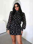 Vestido Bodycon Feminino de Gola Alta com Poa e Mesh - Elegante Escritório Festa