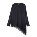 Ladies Elegant Asymmetric Lace Hem Black Blouse Chic O-neck Long Sleeve Loose T-shirt Tops 2026 New Spring Women's Blouse