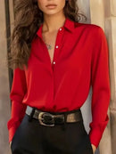 Women's  Long Sleeve Button Down Blouse - Elegant Office Chic Top with Classic Collar & Versatile Style