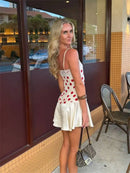 Vestido Mini Feminino Vermelho com Poa e Alças de Cetim - Sexy Sem Manga Costas Abertas Slim Praia Clube