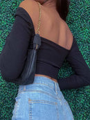 Cropped Manga Longa Feminino com Recortes - Decote V Slim Costas Abertas Outono/Inverno