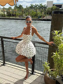 Vestido Feminino Branco com Poa e Halter - Sexy Costas Abertas Amarrão Evasê Elegante Festa Verão