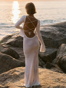 Vestido Longo Feminino com Estampa de Conchas e Manga Flare - Sexy Costas Abertas Renda Cor Sólida Gola Redonda