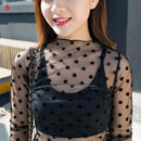 Women Lace Bottomed Blouse T-shirt Spring And Autumn Long Sleeve Mesh Crop Top Foreign Style Sexy Hollow Mesh Top High Neck 2024