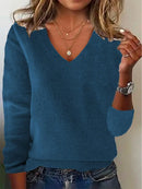 Women's V-neck Sweater Elegant Long Sleeve Ribbed Trim Pullover Solid Knit Wool Base Top for Wear