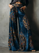 Wide Leg Pants Women Retro Ethnic Style High Waist Velvet Trousers Fashion Casual Vintage Pantalon Femme Pocket Loose Bottoms