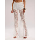 Womens Elegant Sheer Floral Lace See-through Long Pants Elastic High Waist Trendy Wide Leg Flared Trousers Streetwear