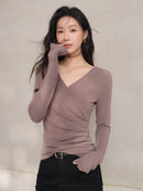 Elegant Ruched Cross V Neck Knit Top Slim Fit Long Sleeve Shirt for Women Chic Casual Early Spring Daily Base Layer Style Lady