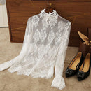 Sexy Women Lace Blouses Long Flared Sleeve High Collar Inner Wear Lace Shirt Base Tunic Top Perspective Vintage Bottom Blouse