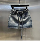 Oversize Retro Diamond Denim Mini Skirt for Women Summer High Waist Shiny Rivet Slim Skirts Gradient Black Grey Jean Skirts
