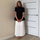 Elegant Short Sleeve Waist Single Breasted Top Pleated Midi Skirts Fashion A Line Skirt Set for Women 2026 Spring Female Outfits
