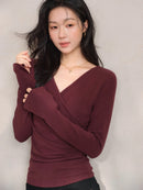 Elegant Ruched Cross V Neck Knit Top Slim Fit Long Sleeve Shirt for Women Chic Casual Early Spring Daily Base Layer Style Lady