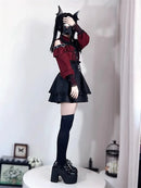 Women‘s Lolita Set Dark Femme Mesh Top & Waist Cinching Skirt, 2025 Autumn Japanese Street Style Coord for Gothic Baddie Fashion