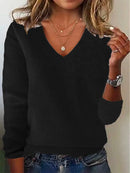 Women's V-neck Sweater Elegant Long Sleeve Ribbed Trim Pullover Solid Knit Wool Base Top for Wear
