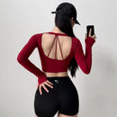 Women's Cross V-Neck Workout Top, Cropped Long Sleeve Open Back Shirt, Sexy Yoga Pilates Fitness Wear