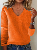 Women's V-neck Sweater Elegant Long Sleeve Ribbed Trim Pullover Solid Knit Wool Base Top for Wear