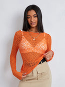 Women Lace Pullover TopS Retro Long Sleeve Round Neck See Through Solid Color Fitted T-Shirts Casual Blouse Streetwear Y2K 2000s