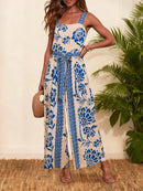 Macacão Feminino Boho Floral com Alças Finas e Perna Larga - Praia Férias Verão