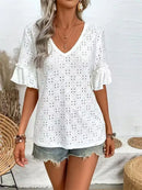 Women's Knit Embroidered Openwork Ruffled V-Neck Short-Sleeve Top / Women's T-Shirt / Spring/Fall / European & US Sizes
