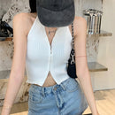 Regata Cropped Halter com Zíper - Feminina Sexy Streetwear Sem Manga