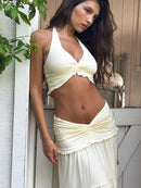 Women's Sexy Party Top Skirt Sets  V Neck Pleated Hem Halter Vest Low Waist Slim Fit Long Skirt 2026 New Lady Beach Dresses
