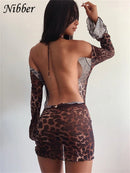Vestido Mini Feminino Sexy com Estampa de Leopardo e Manga Flare - Renda Costas Abertas Amarrão Bodycon Clube