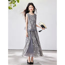 VIMLY Chinese Style Floral Print Skirt Set Women 2026 Summer Outfit Sleeveless Top Maxi Skirt Lady Two Piece Clothing Set A6121