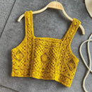 Women Crochet Sleeveless Crop for Tank Top Retro Knit Plaid Square Neck Sweater 6XDA