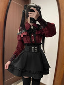Women‘s Lolita Set Dark Femme Mesh Top & Waist Cinching Skirt, 2025 Autumn Japanese Street Style Coord for Gothic Baddie Fashion