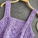 Women Crochet Sleeveless Crop for Tank Top Retro Knit Plaid Square Neck Sweater 6XDA