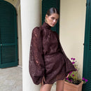 2026 New Women's Long Sleeve Design Fashion Openwork Lace Miniskirt Elegant Temperament Autumn Party Banquet Evening Dress