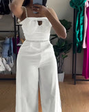 Macacão Feminino Elegante com Bandeau e Alças com Pérolas - Slim Perna Larga