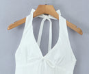 Vestido Mini Feminino Branco com Halter e Decote V - Sexy Costas Abertas Amarrão Evasê Festa Verão