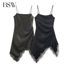 Vestido Mini Feminino de Cetim com Renda Assimétrica - Chic Francês Alças Finas Festa Noite Outono