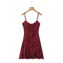 French Vintage Sexy Spaghetti Straps Flowers Short Dress Bungundy Black