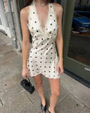Vestido Mini Feminino de Cetim com Poa e Halter - Sexy Decote V Profundo Costas Abertas Praia Clube