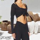 New Women Crop Wrap Tops Solid Color Tie up Hem V-Neck Fitted Long Sleeve Shirt For Club Streetwear Aesthetic Clothes S M L