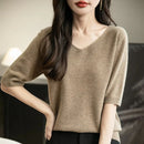 Women's V-Neck Tops 100% Merino Wool Spring Fall Winter First-Line Ready to Wear Seamless New Knit T Shirt Short Sleeve Sweater