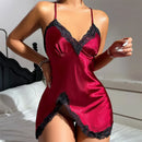 Camisola Feminina Sexy com Renda e Decote V - Pijama Curto de Seda Costas Abertas Lingerie Noite