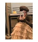 Elegant Multi-Layered Tulle Skirt Long Dress Women's Autumn Winter High Waist Cake Skirt Style Slimming Elegant Midi Skirt