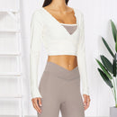 New Women Crop Wrap Tops Solid Color Tie up Hem V-Neck Fitted Long Sleeve Shirt For Club Streetwear Aesthetic Clothes S M L