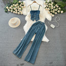 Faionable Denim ter Ne Crop Top And High Waist  Skirt Women's Set Summer Polyester Material Youthful Sle