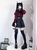 Women‘s Lolita Set Dark Femme Mesh Top & Waist Cinching Skirt, 2025 Autumn Japanese Street Style Coord for Gothic Baddie Fashion